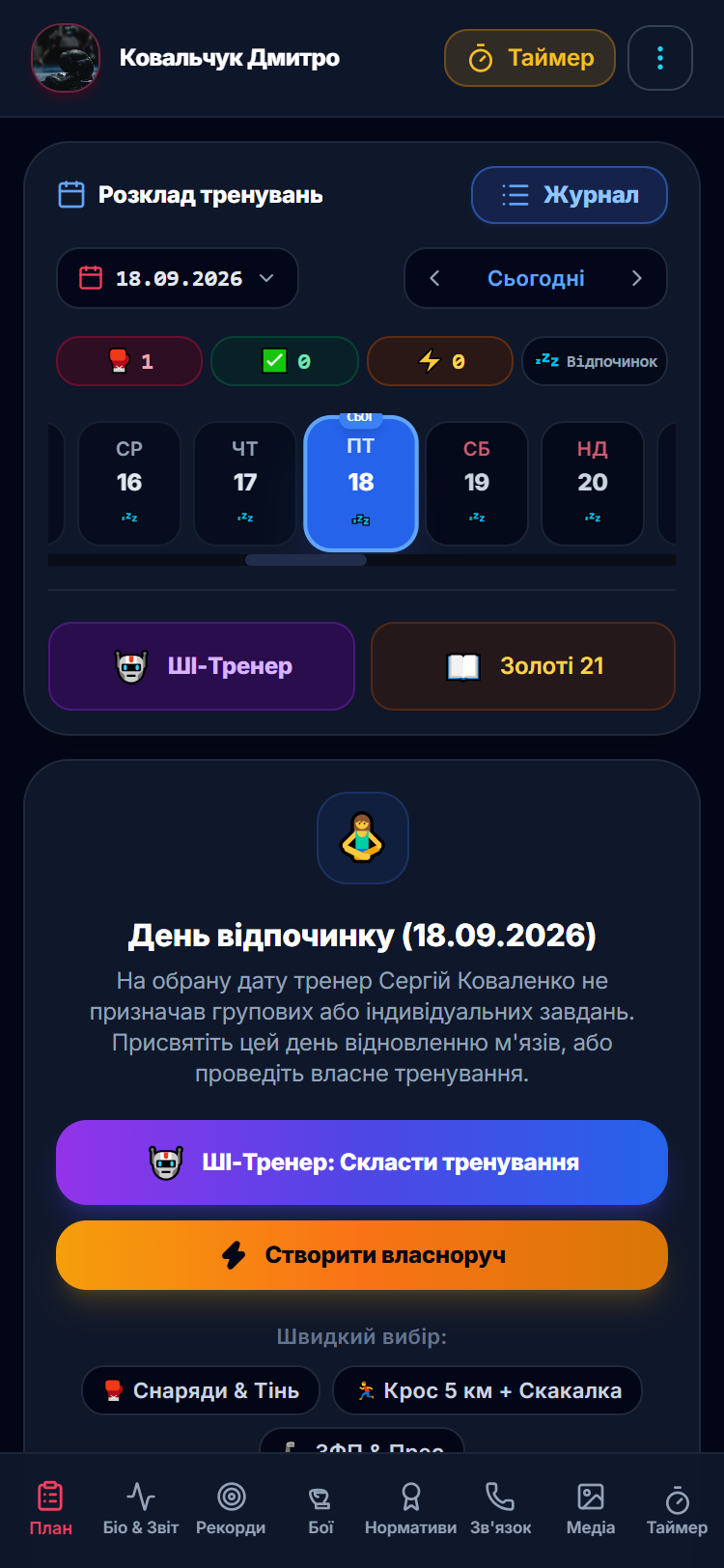 TrainSmart — кабінет атлета, кнопка AI-тренера